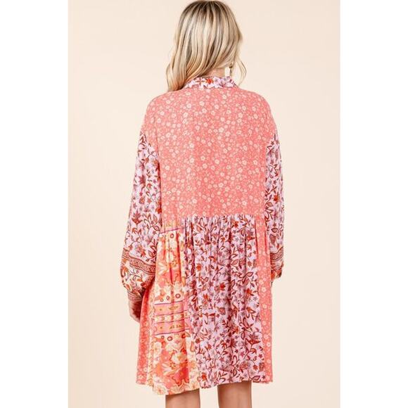 Mittoshop Floral Pattern Button Detail Long Sleeves Mini Shirt Dress | Coral - Picture 3 of 7